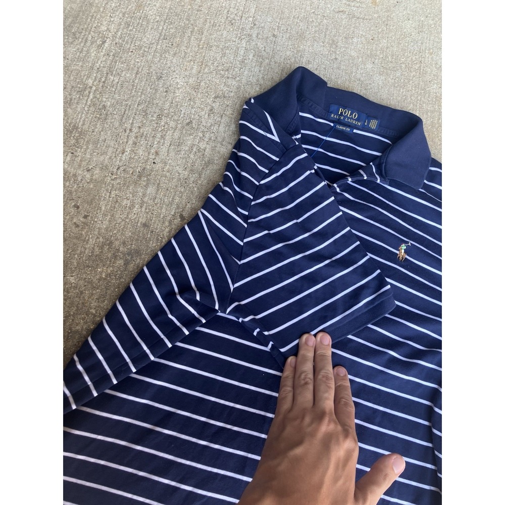 Polo Ralph Lauren Men's L Classic Slim Fit Stretch Mesh Polo Navy Striped Pony - Picture 4 of 13